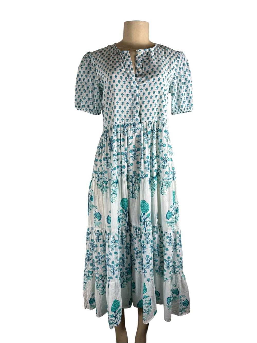 RO's GARDEN 100% Cotton Daphine Midi Teal Floral Tiered Midi Dress Size XS - Picture 3 of 6